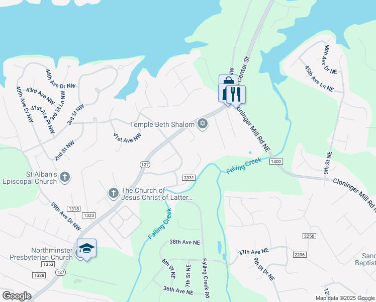 map of restaurants, bars, coffee shops, grocery stores, and more near 602 North Center Street in Hickory