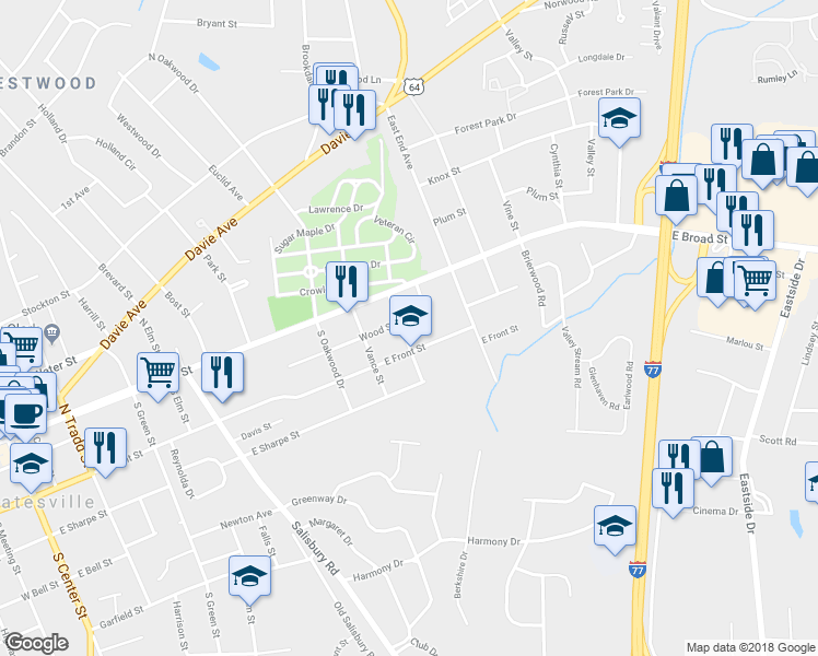 map of restaurants, bars, coffee shops, grocery stores, and more near 201 Clegg Street in Statesville