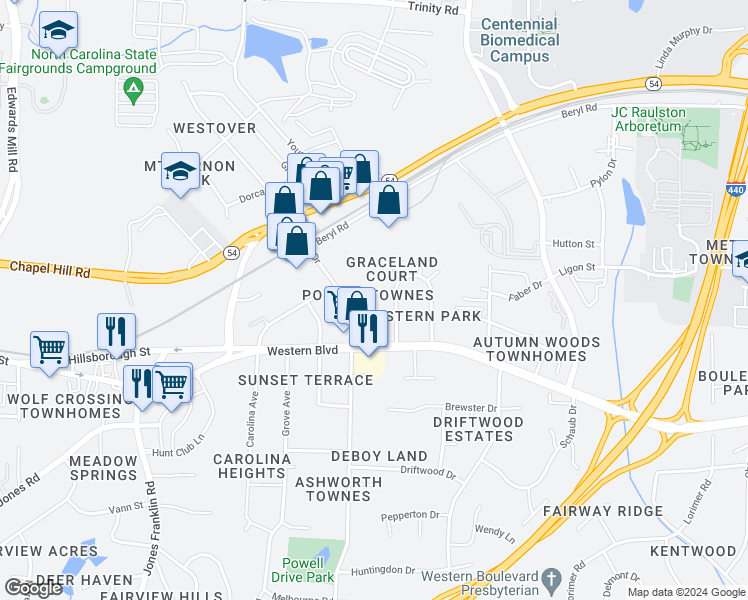 map of restaurants, bars, coffee shops, grocery stores, and more near 8814 Powell Townes Way in Raleigh