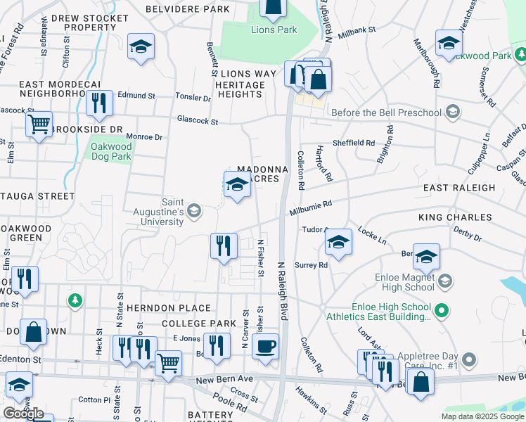 map of restaurants, bars, coffee shops, grocery stores, and more near 604 Delany Drive in Raleigh