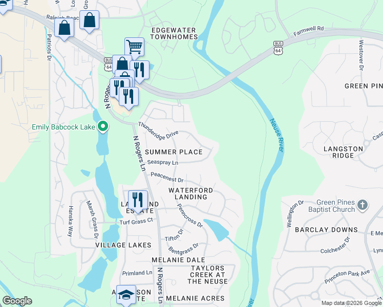 map of restaurants, bars, coffee shops, grocery stores, and more near 1005 Cookwood Court in Raleigh