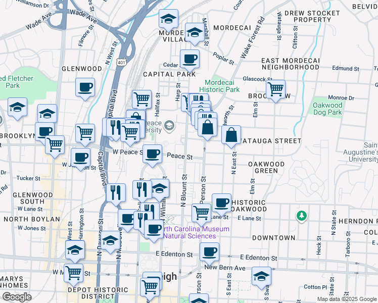 map of restaurants, bars, coffee shops, grocery stores, and more near 616 North Blount Street in Raleigh