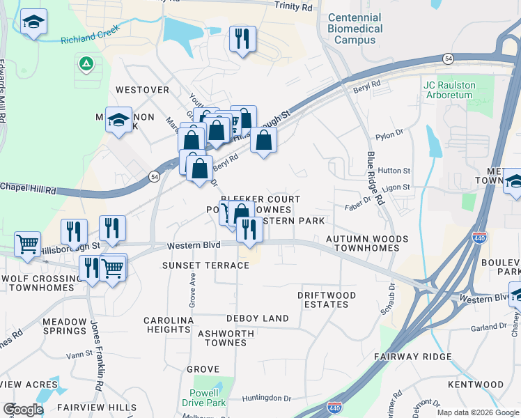 map of restaurants, bars, coffee shops, grocery stores, and more near 4407 Bleeker Court in Raleigh