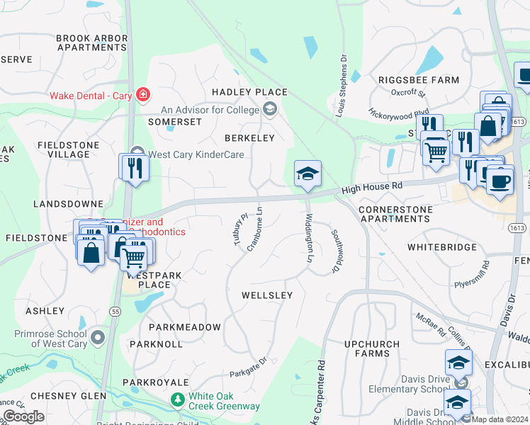 map of restaurants, bars, coffee shops, grocery stores, and more near 103 Cranborne Lane in Cary