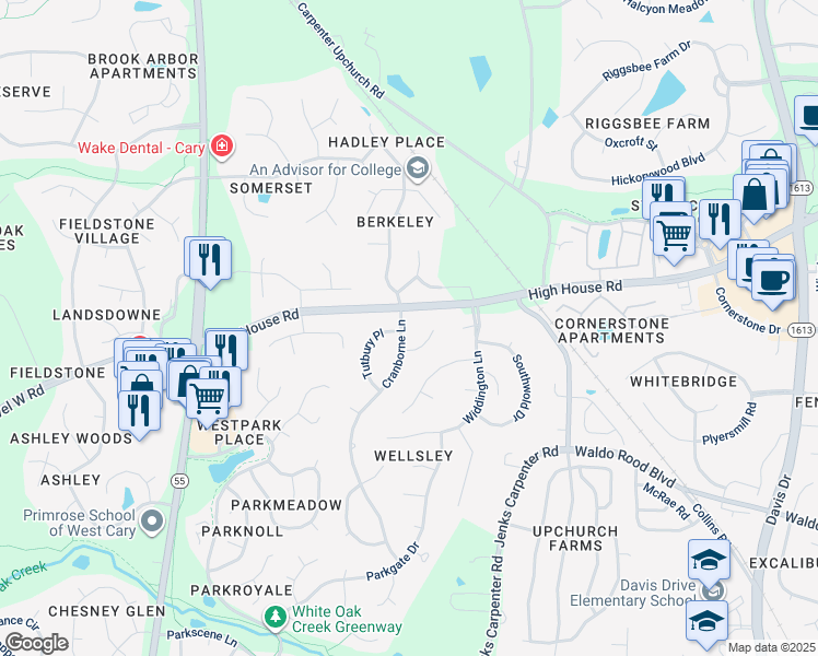map of restaurants, bars, coffee shops, grocery stores, and more near 103 Cranborne Lane in Cary