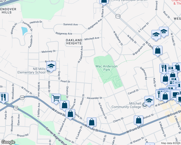 map of restaurants, bars, coffee shops, grocery stores, and more near 502 Wilson Street in Statesville