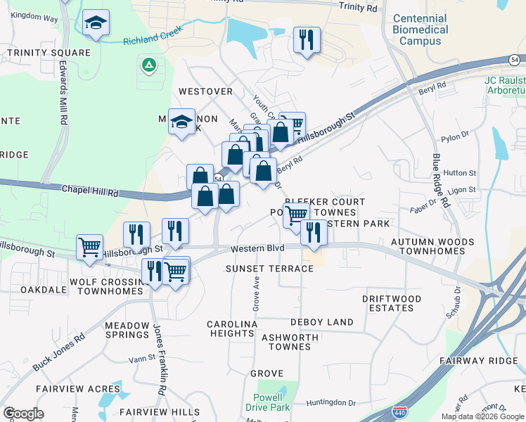 map of restaurants, bars, coffee shops, grocery stores, and more near 5401 Etta Burke Court in Raleigh