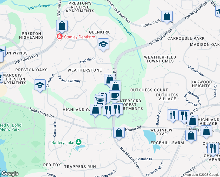 map of restaurants, bars, coffee shops, grocery stores, and more near 1377 Northwest Maynard Road in Cary