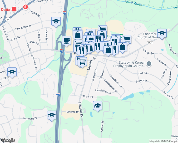 map of restaurants, bars, coffee shops, grocery stores, and more near 229 Eastside Drive in Statesville