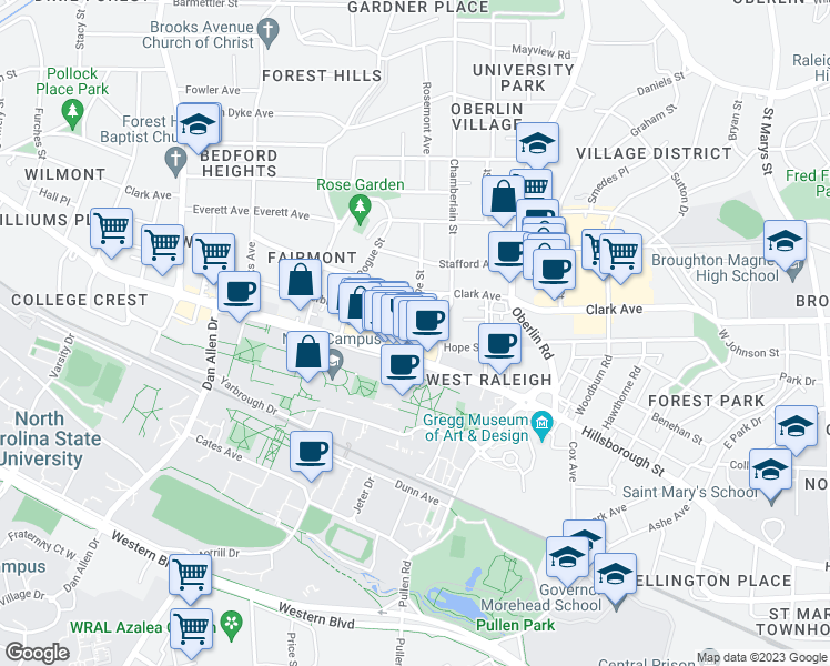 map of restaurants, bars, coffee shops, grocery stores, and more near 107 Chamberlain Street in Raleigh