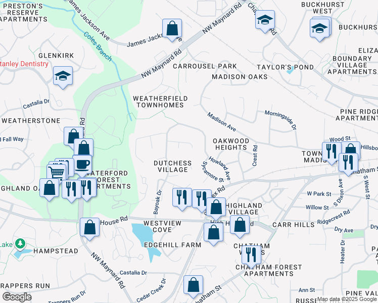 map of restaurants, bars, coffee shops, grocery stores, and more near 208 Phauff Court in Cary