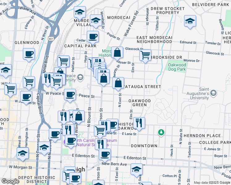 map of restaurants, bars, coffee shops, grocery stores, and more near 600 North Bloodworth Street in Raleigh