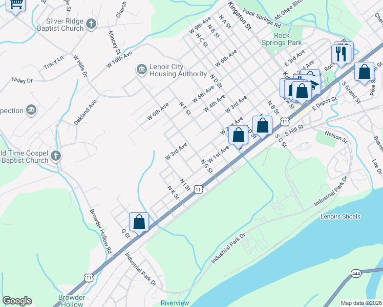 map of restaurants, bars, coffee shops, grocery stores, and more near 701 West 2nd Avenue in Lenoir City