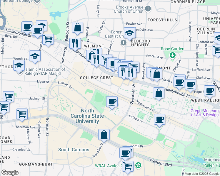 map of restaurants, bars, coffee shops, grocery stores, and more near 3101 Stanhope Avenue in Raleigh