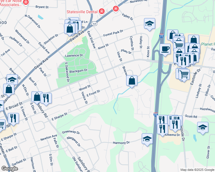 map of restaurants, bars, coffee shops, grocery stores, and more near 212 East End Avenue in Statesville