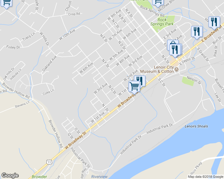 map of restaurants, bars, coffee shops, grocery stores, and more near 300 North G Street in Lenoir City