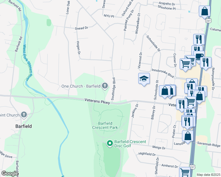 map of restaurants, bars, coffee shops, grocery stores, and more near 4008 Southridge Boulevard in Murfreesboro