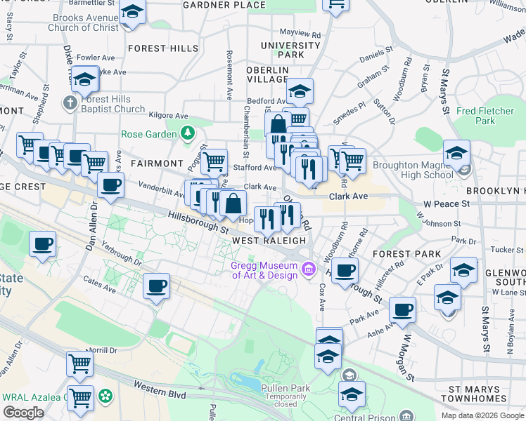 map of restaurants, bars, coffee shops, grocery stores, and more near 2205 Garden Place in Raleigh
