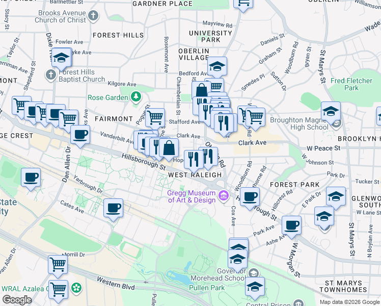 map of restaurants, bars, coffee shops, grocery stores, and more near 2205 Garden Place in Raleigh