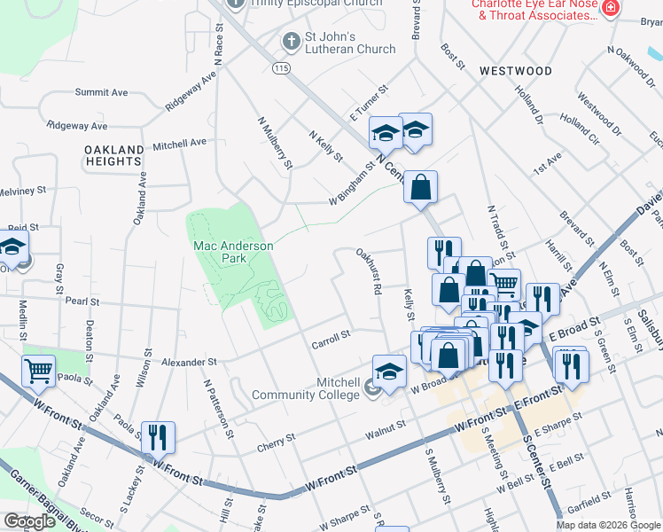 map of restaurants, bars, coffee shops, grocery stores, and more near 420 Oakhurst Road in Statesville