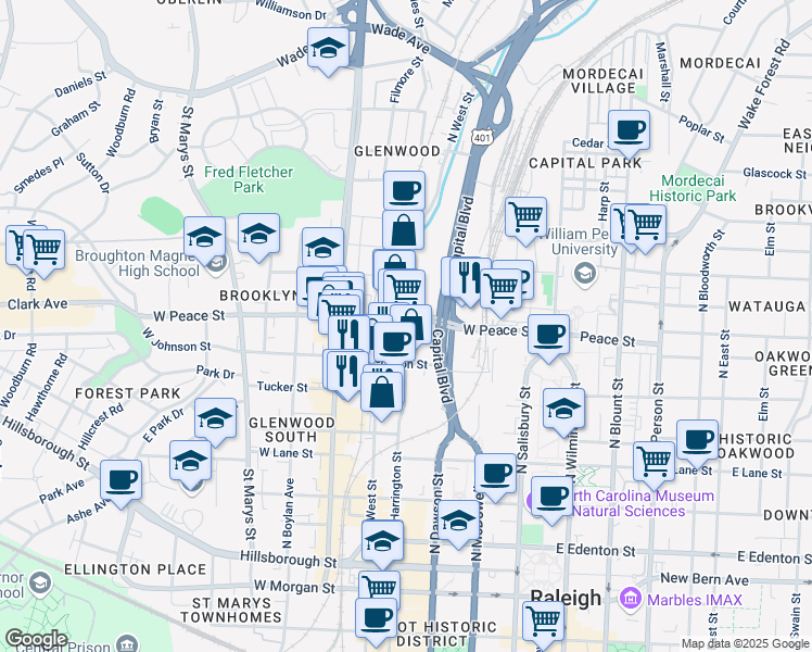map of restaurants, bars, coffee shops, grocery stores, and more near in Raleigh