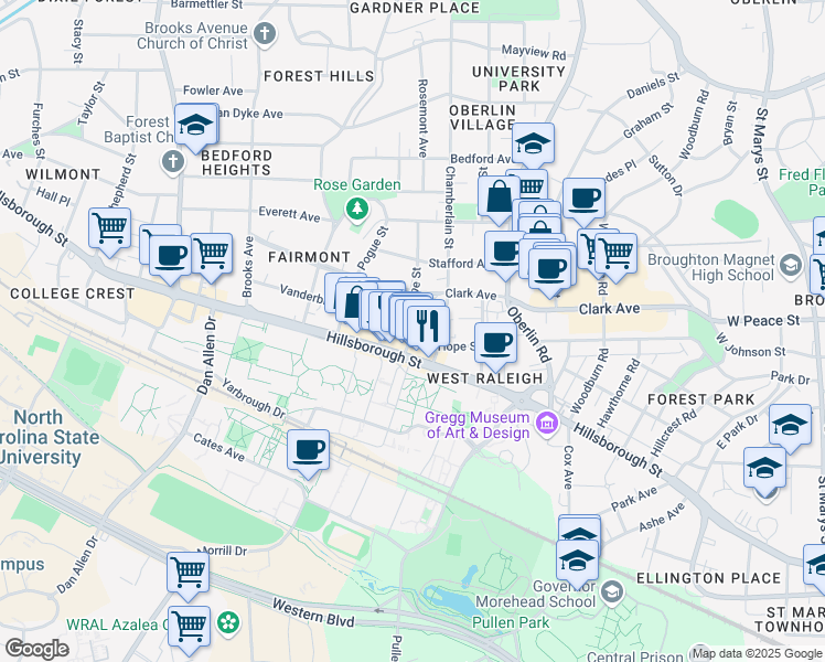 map of restaurants, bars, coffee shops, grocery stores, and more near 109 Chamberlain Street in Raleigh