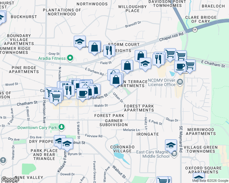 map of restaurants, bars, coffee shops, grocery stores, and more near 401 East Chatham Street in Cary