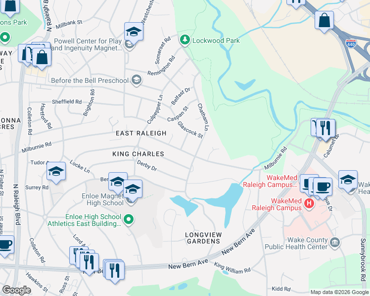 map of restaurants, bars, coffee shops, grocery stores, and more near 704 Donnelly Road in Raleigh