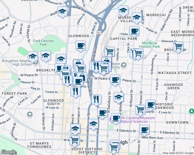map of restaurants, bars, coffee shops, grocery stores, and more near Freewill Place in Johnston County