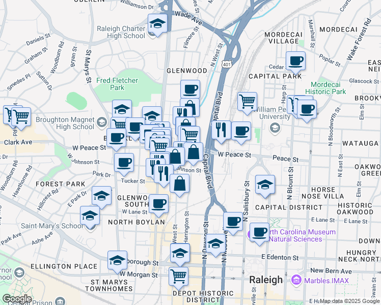 map of restaurants, bars, coffee shops, grocery stores, and more near in Raleigh