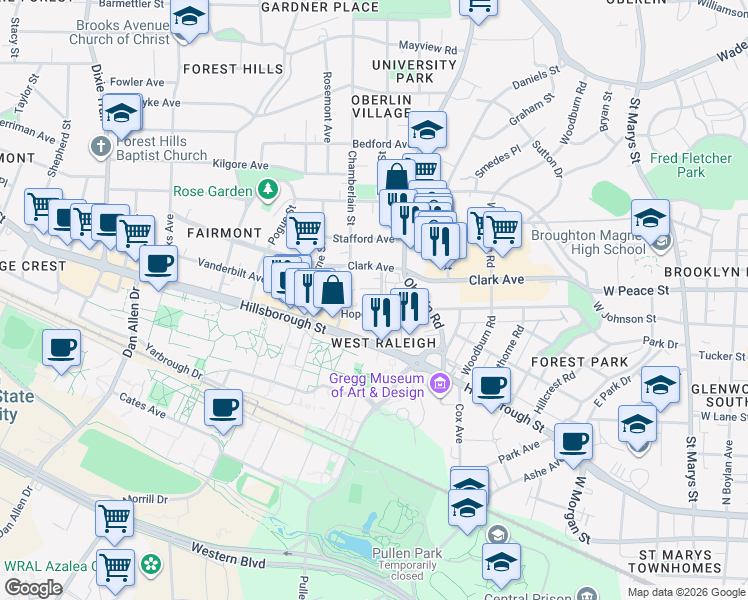map of restaurants, bars, coffee shops, grocery stores, and more near 2205 Garden Place in Raleigh