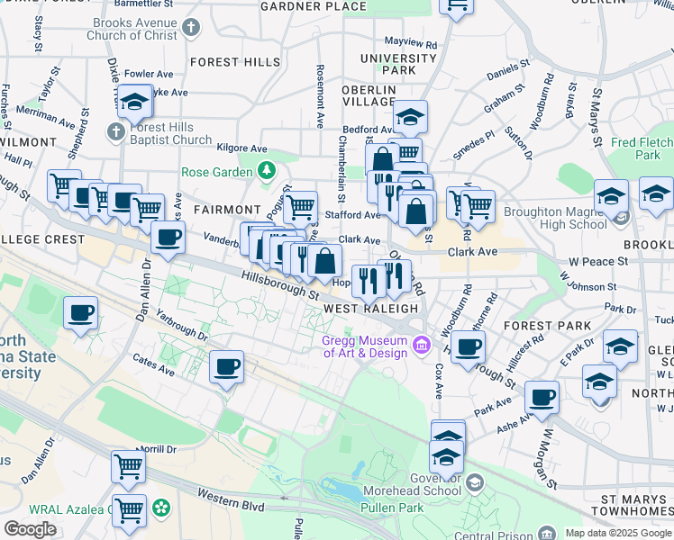 map of restaurants, bars, coffee shops, grocery stores, and more near 119 Chamberlain Street in Raleigh
