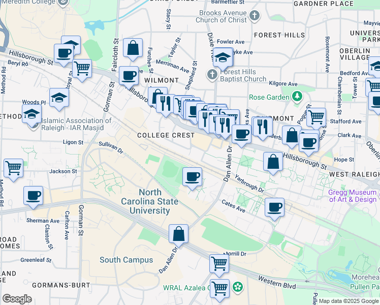 map of restaurants, bars, coffee shops, grocery stores, and more near 3101 Stanhope Avenue in Raleigh