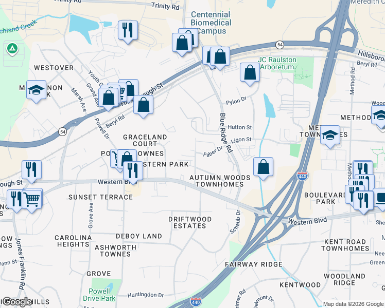 map of restaurants, bars, coffee shops, grocery stores, and more near 4930 Faber Drive in Raleigh