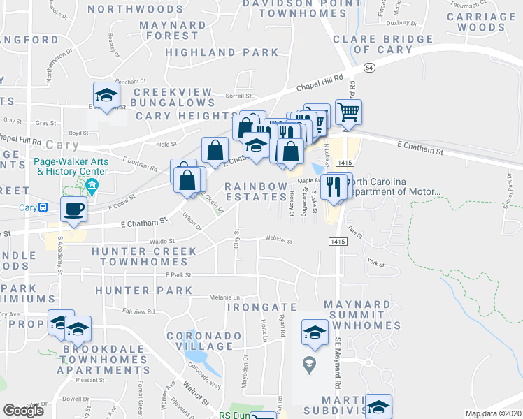 map of restaurants, bars, coffee shops, grocery stores, and more near in Cary