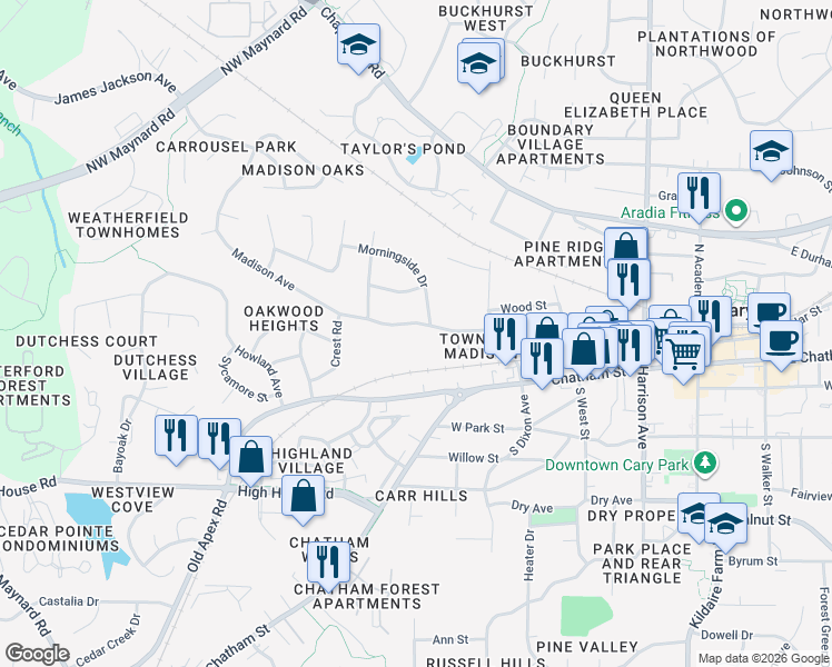 map of restaurants, bars, coffee shops, grocery stores, and more near 507 Madison Avenue in Cary