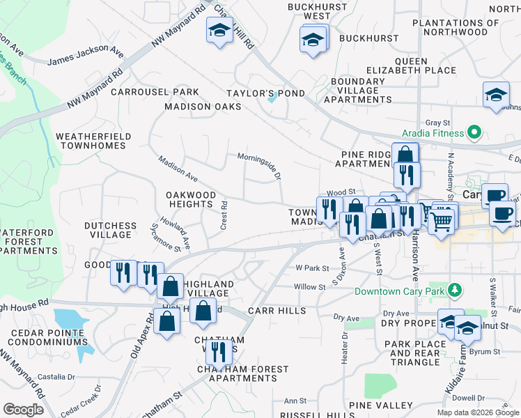 map of restaurants, bars, coffee shops, grocery stores, and more near 523 Madison Avenue in Cary