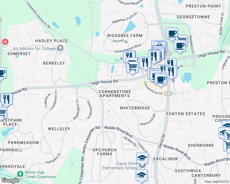 map of restaurants, bars, coffee shops, grocery stores, and more near 300 Terrastone Place in Cary