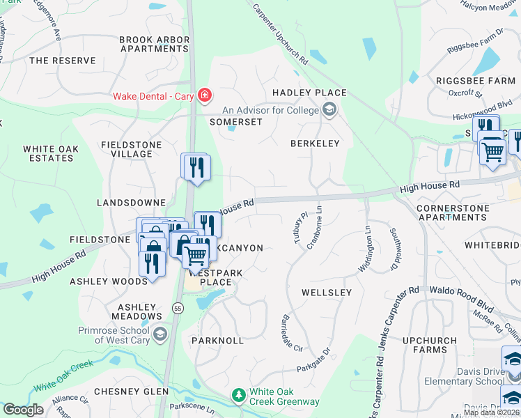 map of restaurants, bars, coffee shops, grocery stores, and more near 500 Creekhurst Place in Cary