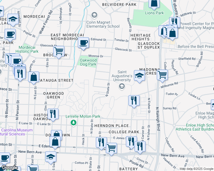 map of restaurants, bars, coffee shops, grocery stores, and more near 601 North State Street in Raleigh