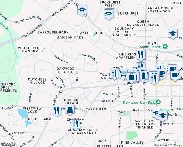 map of restaurants, bars, coffee shops, grocery stores, and more near 513 Madison Avenue in Cary