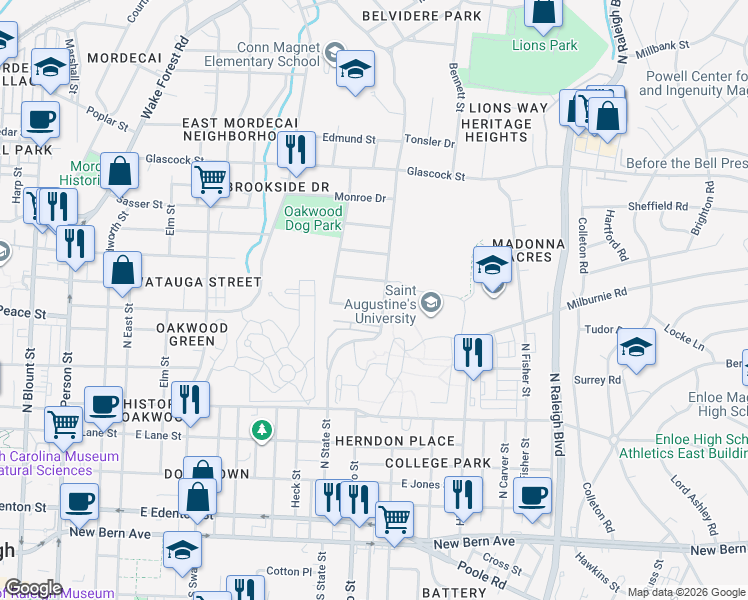 map of restaurants, bars, coffee shops, grocery stores, and more near 601 North State Street in Raleigh