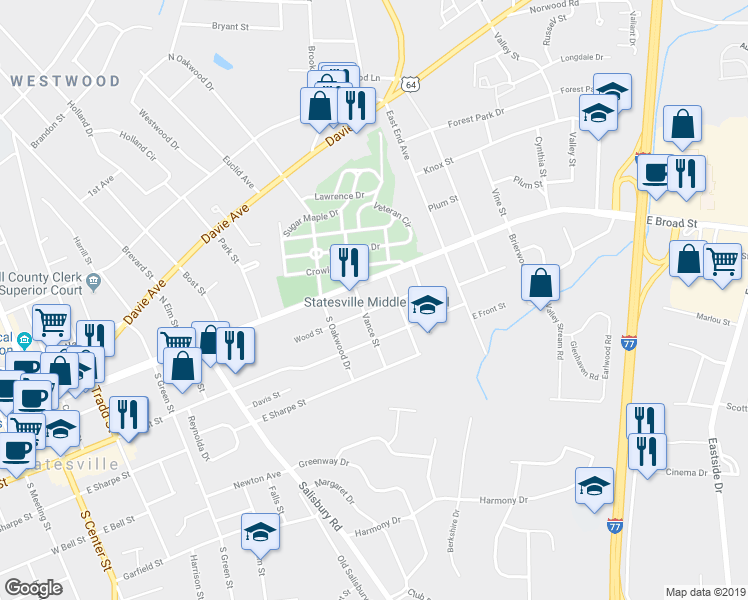map of restaurants, bars, coffee shops, grocery stores, and more near 815 Wood Street in Statesville