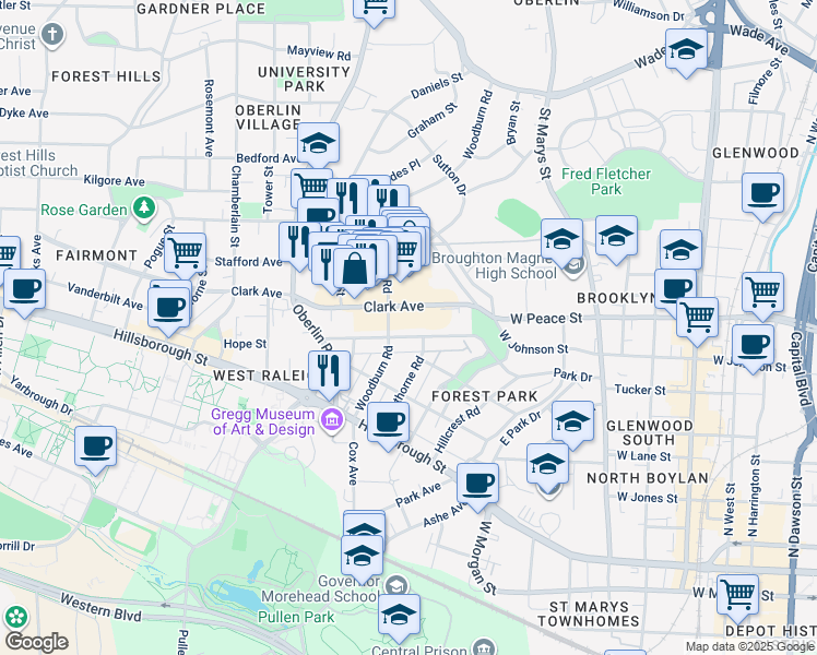 map of restaurants, bars, coffee shops, grocery stores, and more near 1712 Park Drive in Raleigh