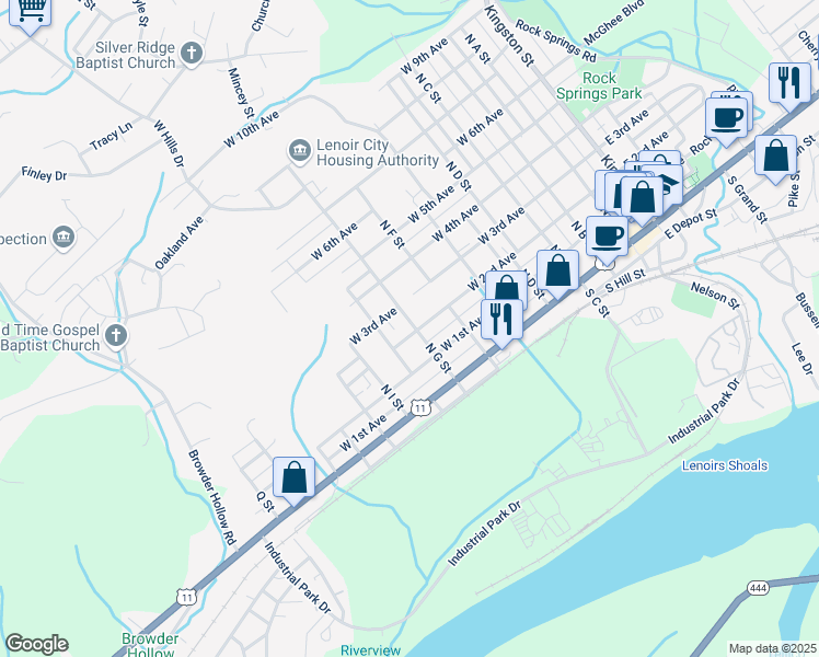 map of restaurants, bars, coffee shops, grocery stores, and more near 701 West 2nd Avenue in Lenoir City