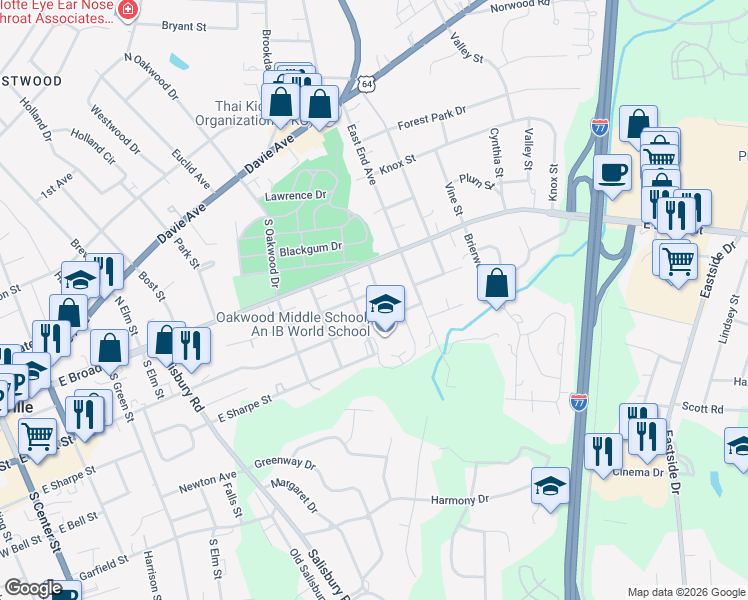 map of restaurants, bars, coffee shops, grocery stores, and more near 915 Wood Street in Statesville