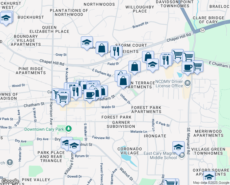 map of restaurants, bars, coffee shops, grocery stores, and more near 315 East Chatham Street in Cary