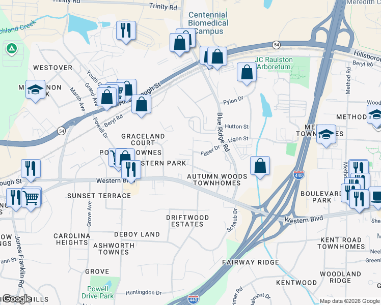 map of restaurants, bars, coffee shops, grocery stores, and more near 4930 Faber Drive in Raleigh