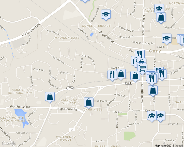 map of restaurants, bars, coffee shops, grocery stores, and more near 507 Madison Ave in Cary