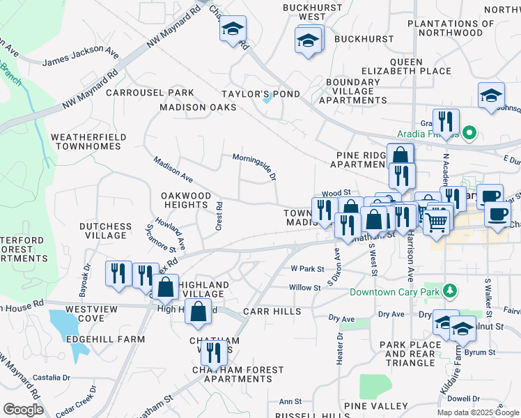 map of restaurants, bars, coffee shops, grocery stores, and more near 513 Madison Avenue in Cary